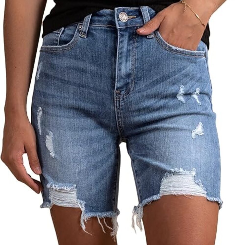 Amazon Denim Shorts Womens 28-6 Cutoff Frayed Ripped Jeans Mini Medium Wash